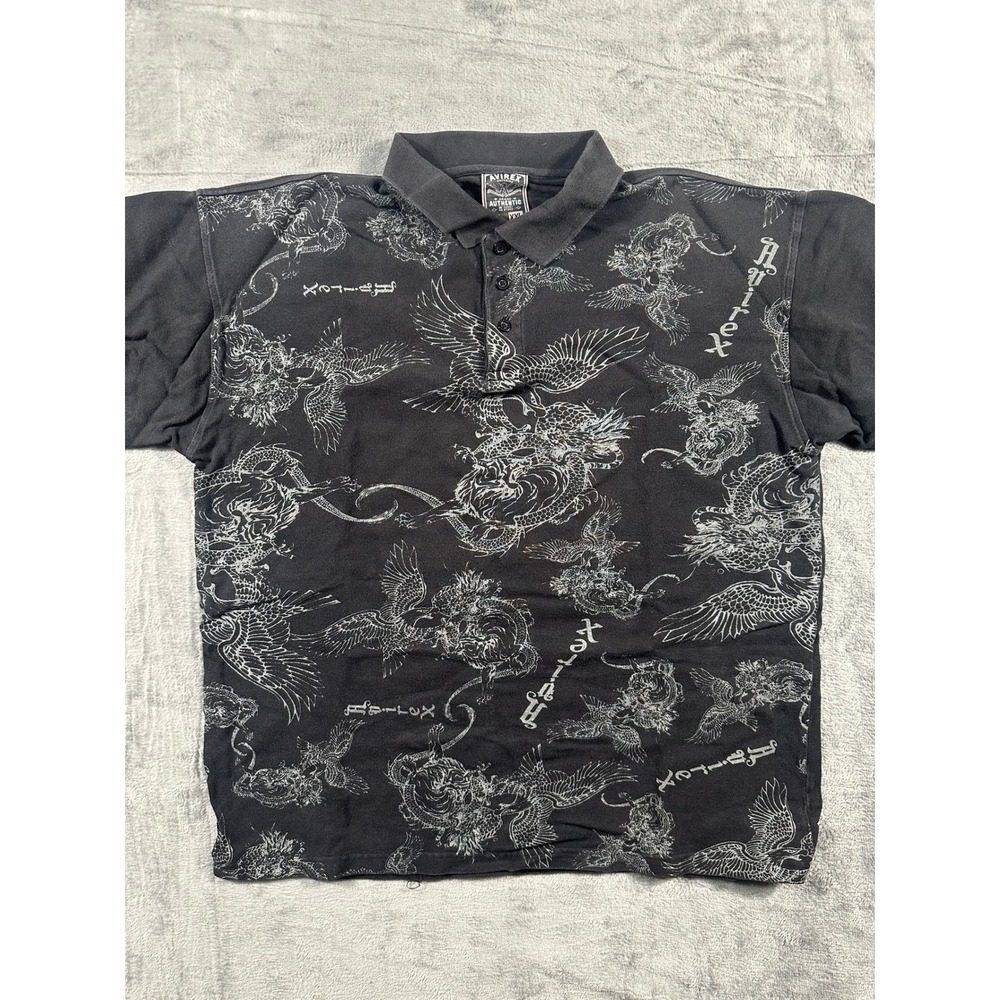 Avirex Mens XXL Black Dragon Eagle Graphic Print Cotton Pique Polo RN113497